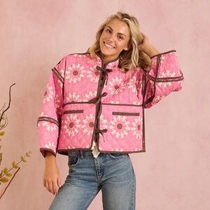 Eloise Reversible Quilted Jacket - Wildflower Pink S/M tie fronts 4 open pockets